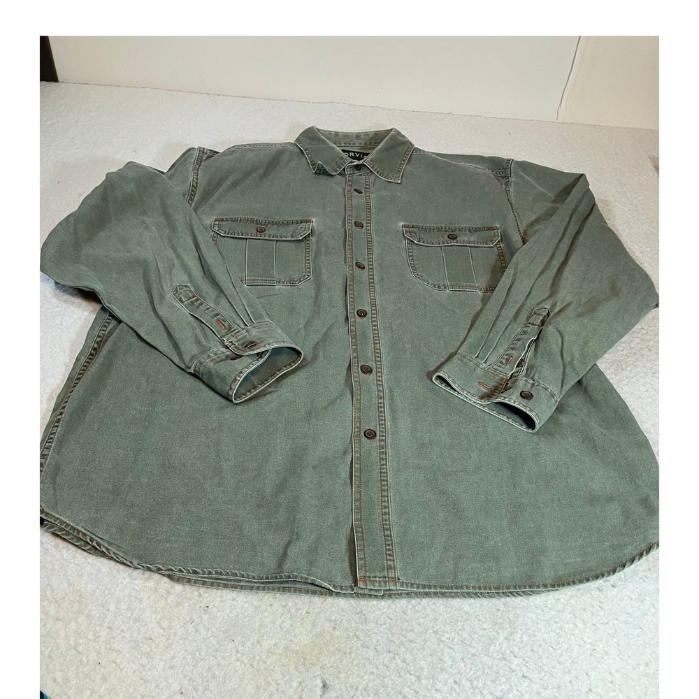 Orvis Mens XL Olive Green Cotton Twill Long Sleeve Button Down Utility Shirt
